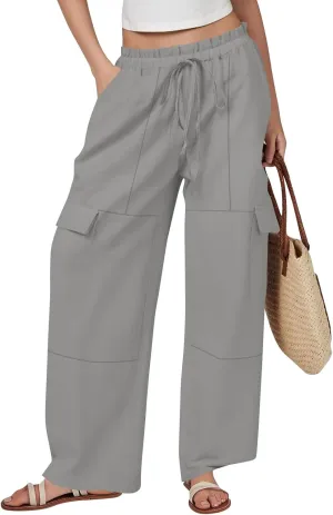 Cargo Linen Pants for Women Summer Wide Leg Palazzo Pants Casual Drawstring Elastic Waist Beach Trousers with Pockets