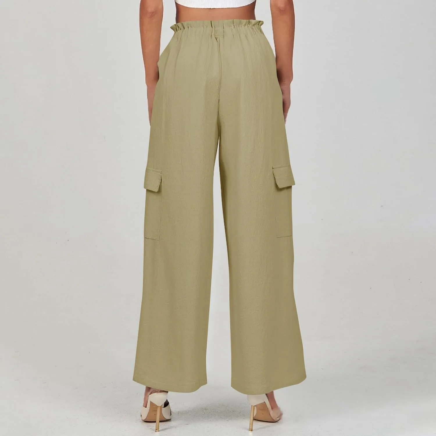 Cargo Linen Pants for Women Summer Wide Leg Palazzo Pants Casual Drawstring Elastic Waist Beach Trousers with Pockets