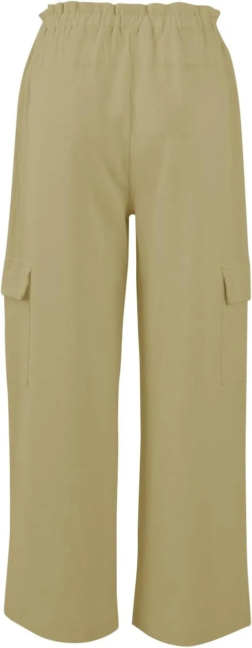 Cargo Linen Pants for Women Summer Wide Leg Palazzo Pants Casual Drawstring Elastic Waist Beach Trousers with Pockets