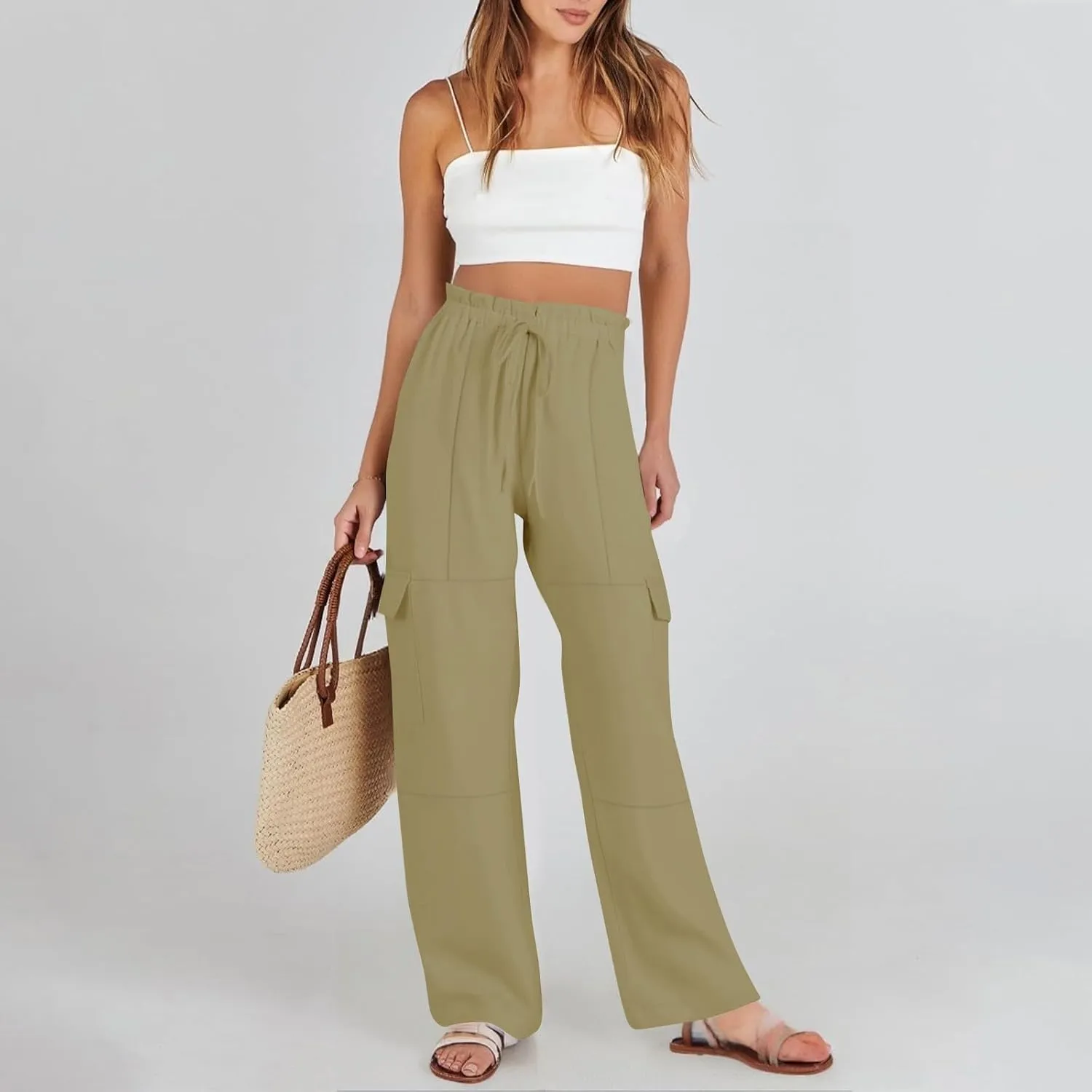 Cargo Linen Pants for Women Summer Wide Leg Palazzo Pants Casual Drawstring Elastic Waist Beach Trousers with Pockets