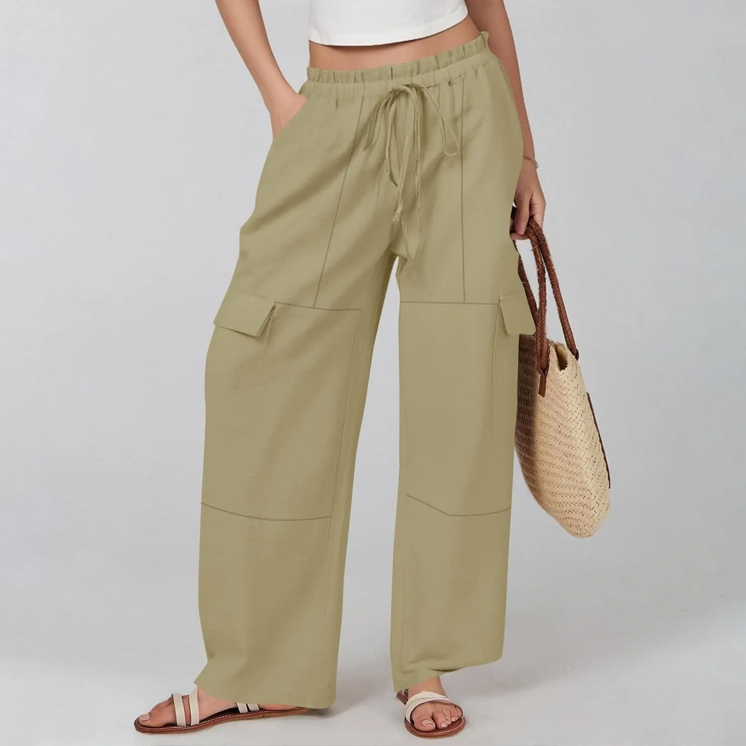 Cargo Linen Pants for Women Summer Wide Leg Palazzo Pants Casual Drawstring Elastic Waist Beach Trousers with Pockets