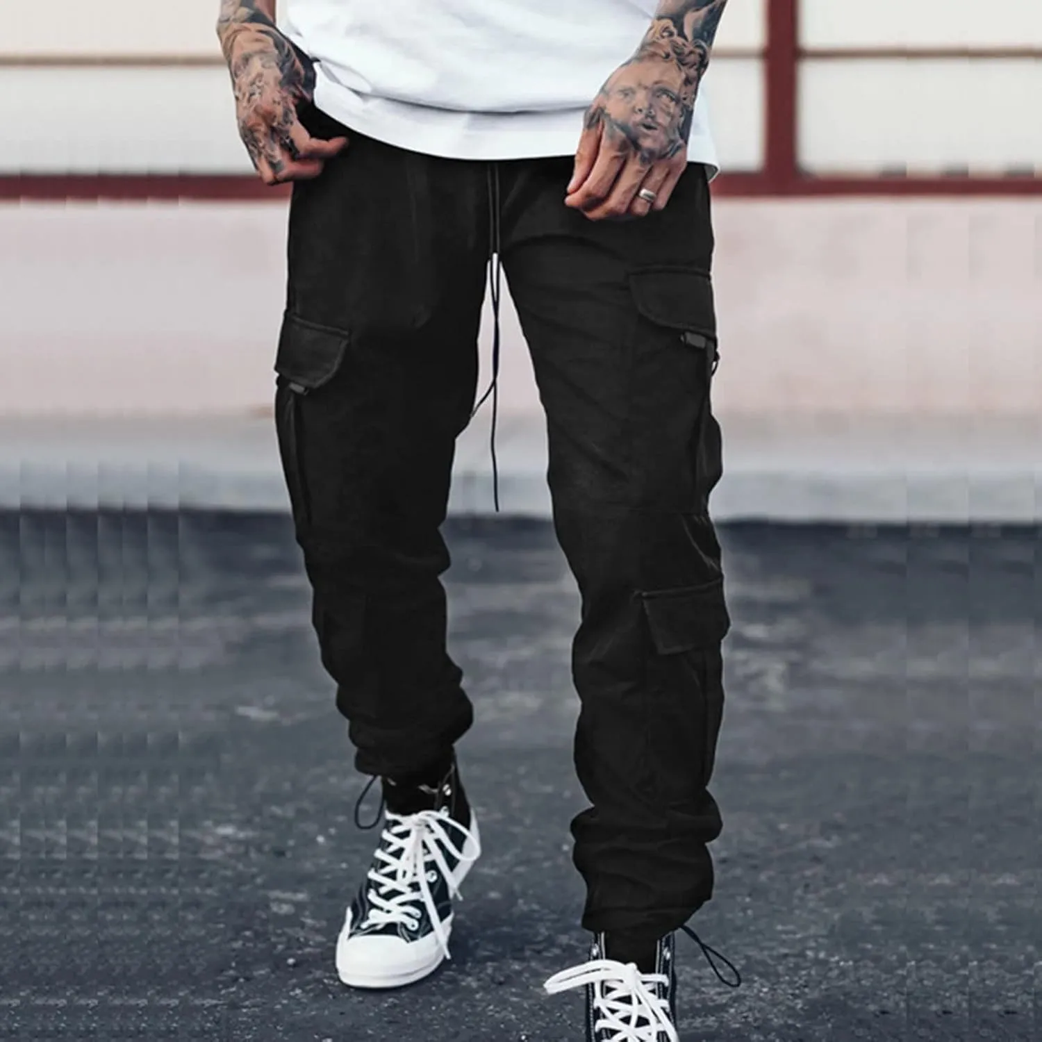 Cargo Sweatpants for Men Elastic Waist Drawstring Work Jogger Pants with Pockets Mens Casual Pants Stretch Slim Fit