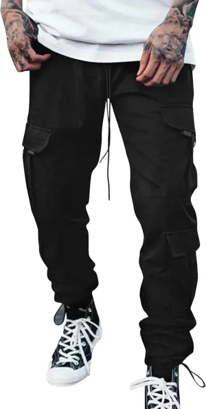Cargo Sweatpants for Men Elastic Waist Drawstring Work Jogger Pants with Pockets Mens Casual Pants Stretch Slim Fit