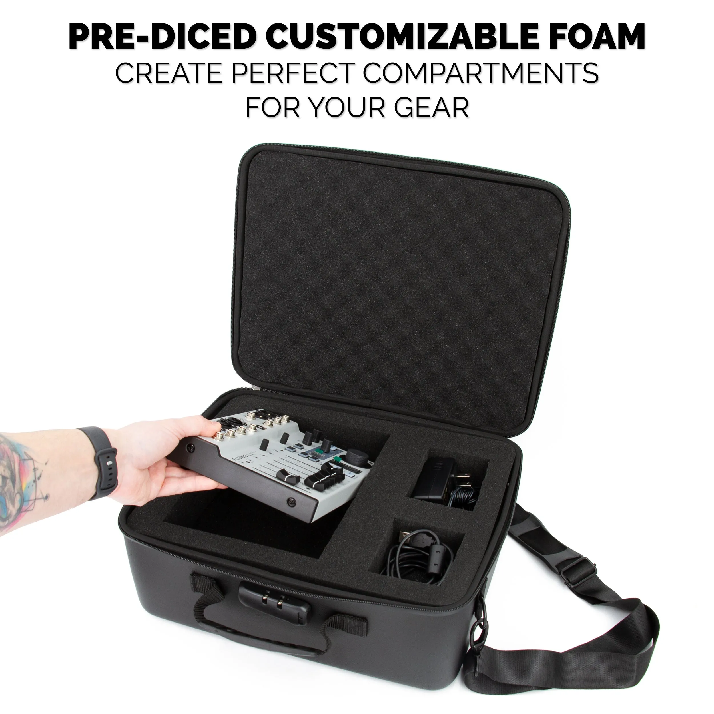 CASEMATIX Mixer Case Compatible With Behringer Flow 8 or Xenyx 802s in Two Customizable Trays - Fits DJ Mixers and More up to 13.5" x 10.5" x 2.2"