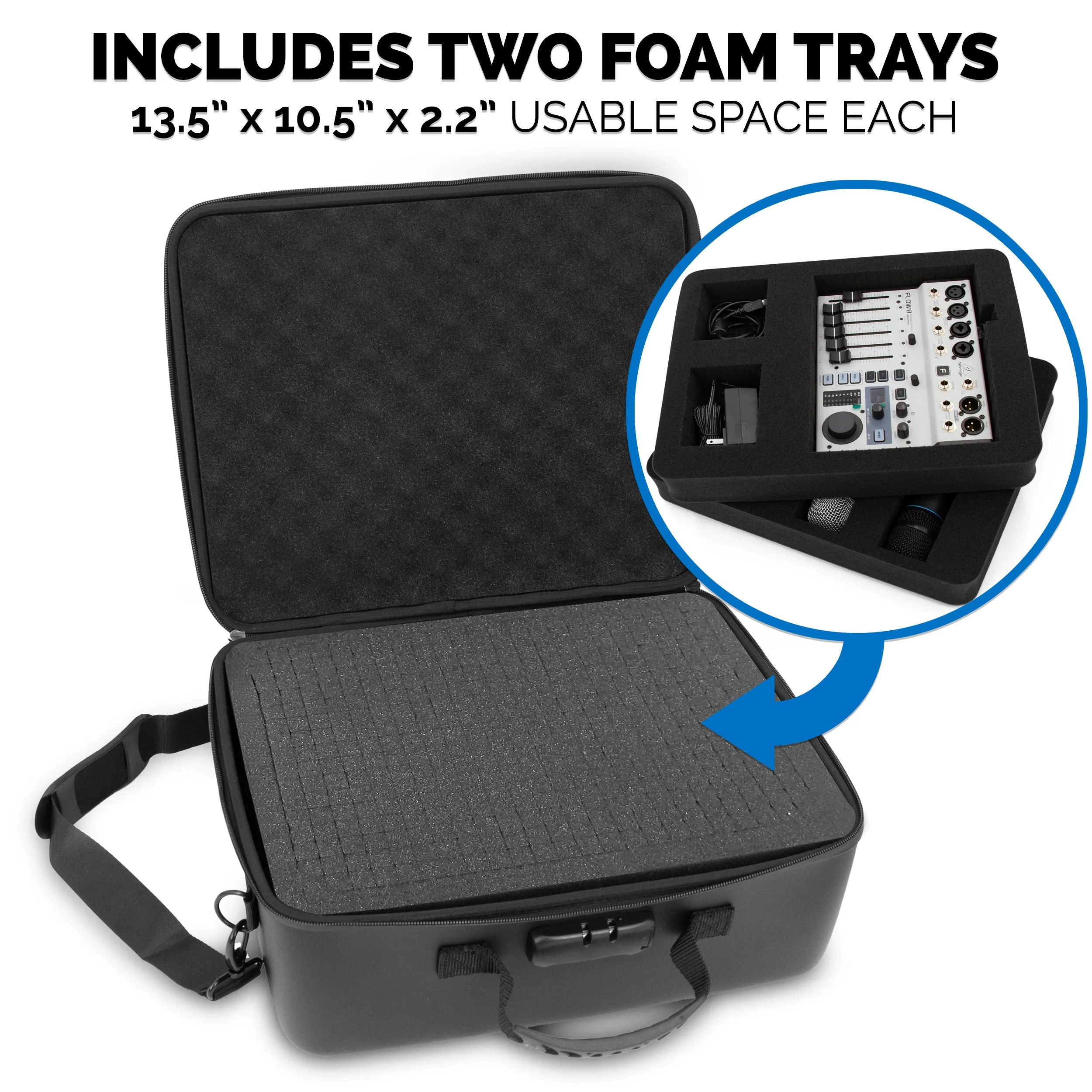 CASEMATIX Mixer Case Compatible With Behringer Flow 8 or Xenyx 802s in Two Customizable Trays - Fits DJ Mixers and More up to 13.5" x 10.5" x 2.2"