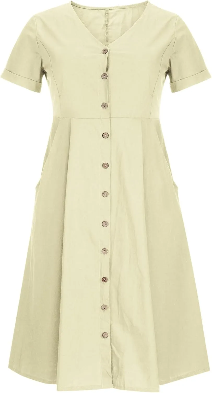 Casual Summer Dresses for Women Summer Loose Plus Size Button Linen Tee Shirt Solid Short Sleeve Dress with Pockets