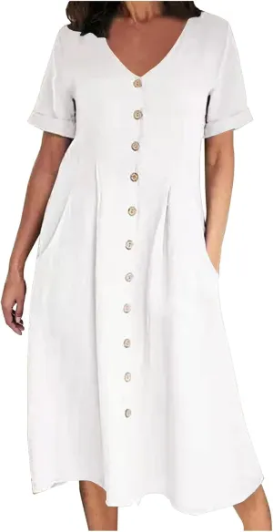 Casual Summer Dresses for Women Summer Loose Plus Size Button Linen Tee Shirt Solid Short Sleeve Dress with Pockets