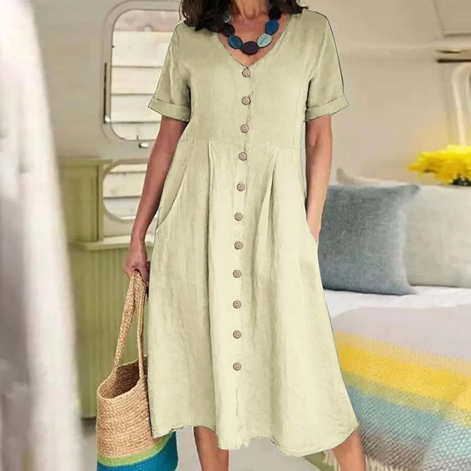 Casual Summer Dresses for Women Summer Loose Plus Size Button Linen Tee Shirt Solid Short Sleeve Dress with Pockets