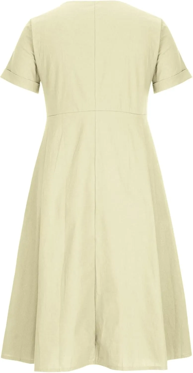 Casual Summer Dresses for Women Summer Loose Plus Size Button Linen Tee Shirt Solid Short Sleeve Dress with Pockets