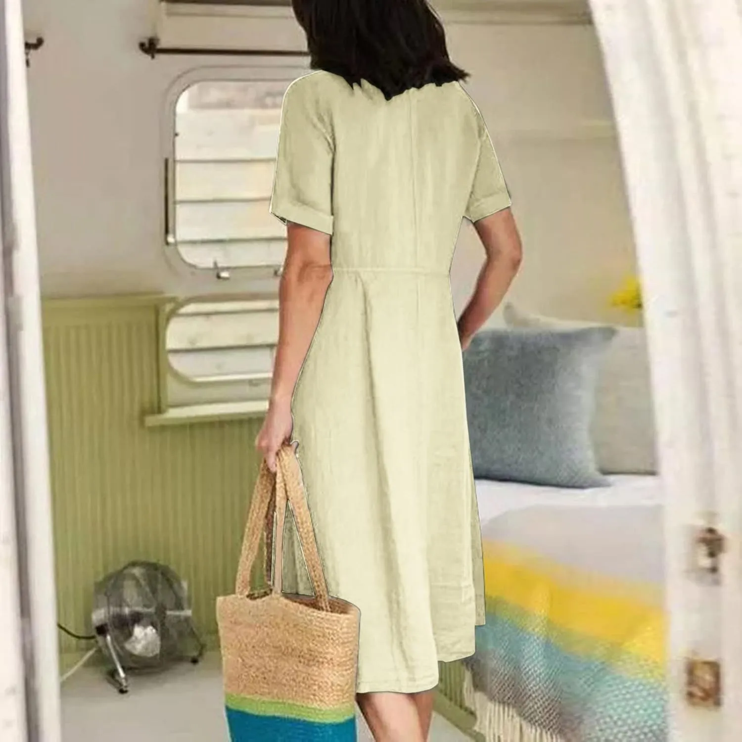 Casual Summer Dresses for Women Summer Loose Plus Size Button Linen Tee Shirt Solid Short Sleeve Dress with Pockets