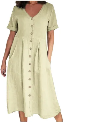 Casual Summer Dresses for Women Summer Loose Plus Size Button Linen Tee Shirt Solid Short Sleeve Dress with Pockets