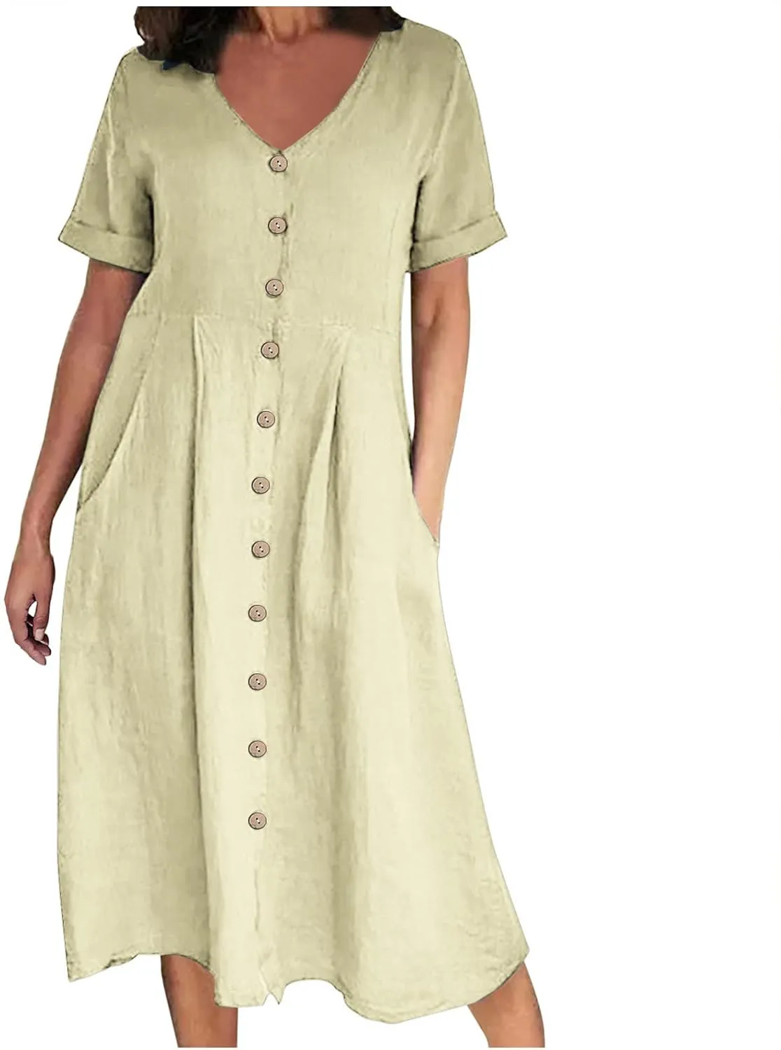 Casual Summer Dresses for Women Summer Loose Plus Size Button Linen Tee Shirt Solid Short Sleeve Dress with Pockets