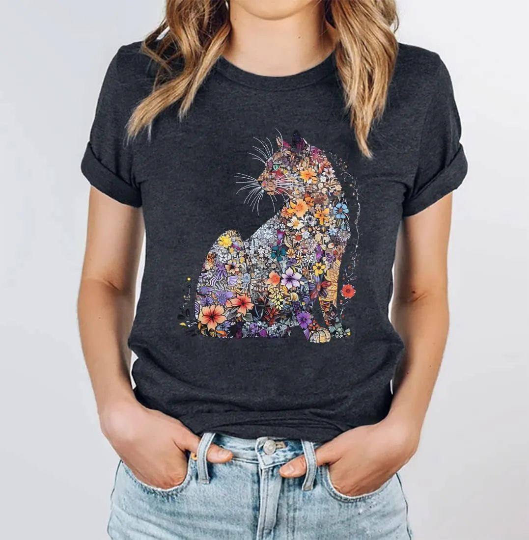 Cat Lady Floral Printed Shirts for Women - Cat Mom T-Shirt Casual Short Sleeve Tops