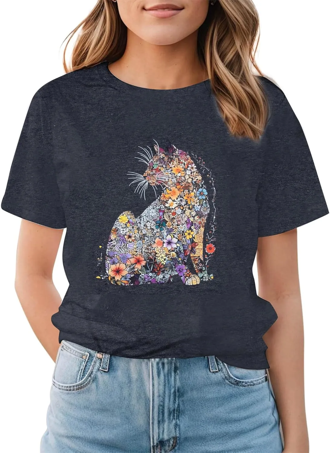 Cat Lady Floral Printed Shirts for Women - Cat Mom T-Shirt Casual Short Sleeve Tops