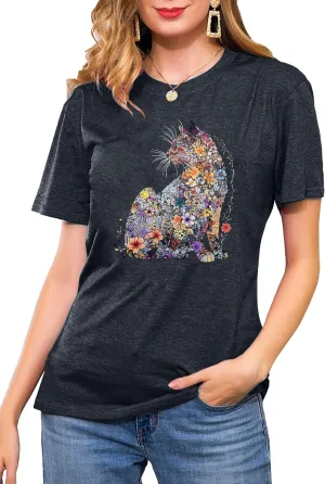 Cat Lady Floral Printed Shirts for Women - Cat Mom T-Shirt Casual Short Sleeve Tops