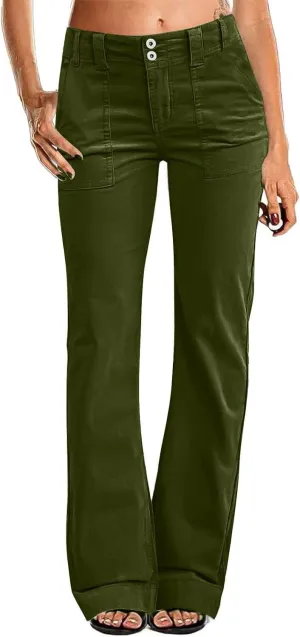 Causal Wide Leg Pants for Women Y2K Stretch Twill High Waisted Chino Pants Comfy Slim Fit Dress Pants with Pockets