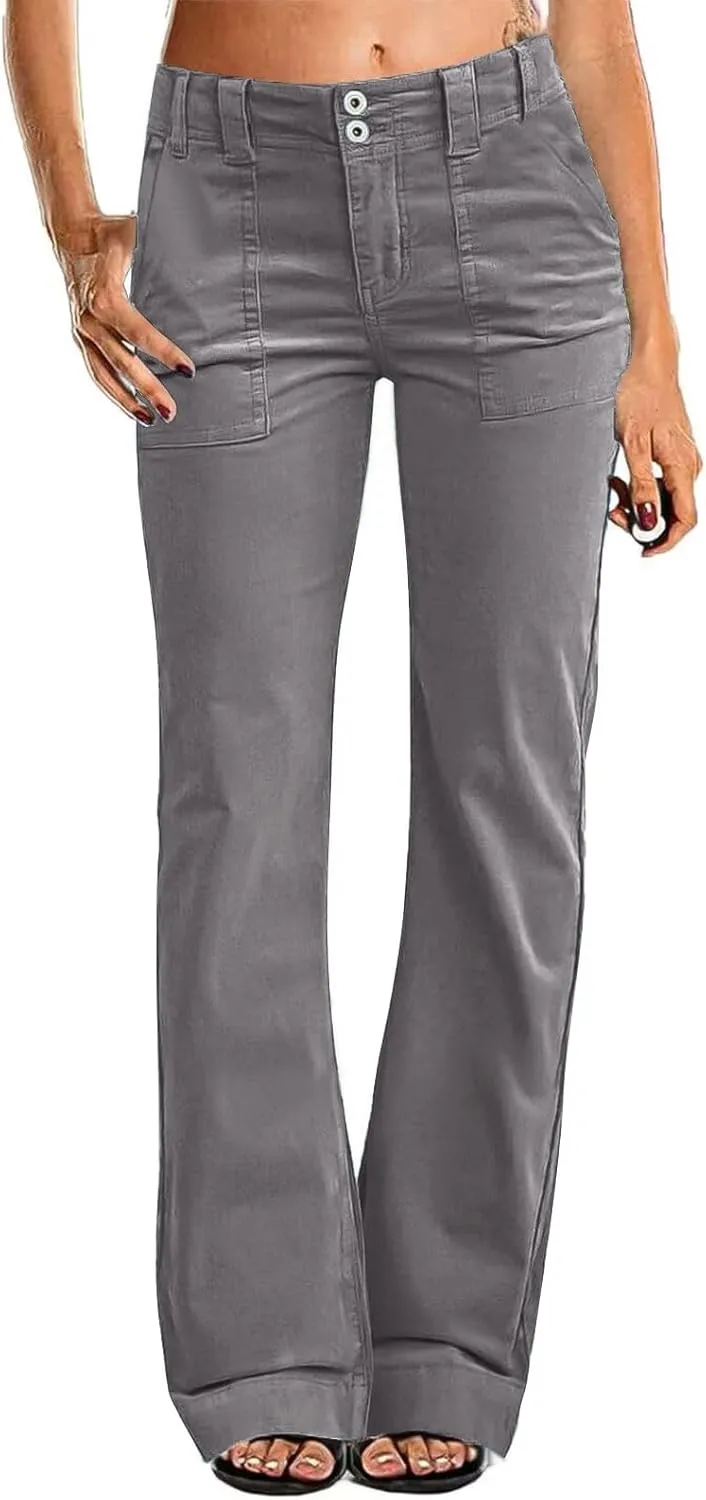 Causal Wide Leg Pants for Women Y2K Stretch Twill High Waisted Chino Pants Comfy Slim Fit Dress Pants with Pockets