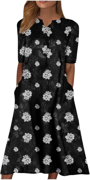 Ceboyel Womens 2023 Boho Floral Maxi Dress Button Flowy Long Dresses Short Sleeve Shirt Dress Vintage Causal Summer Clothes