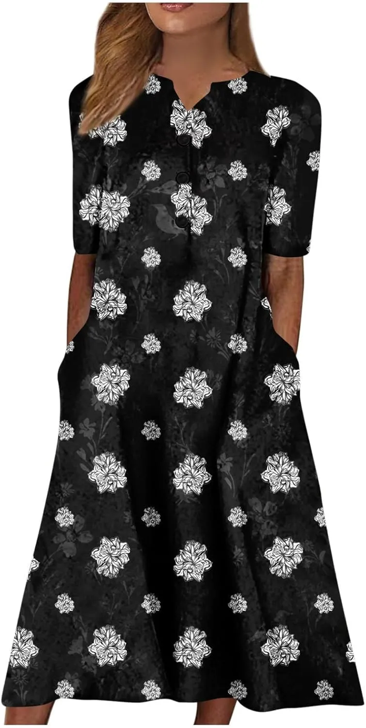 Ceboyel Womens 2023 Boho Floral Maxi Dress Button Flowy Long Dresses Short Sleeve Shirt Dress Vintage Causal Summer Clothes