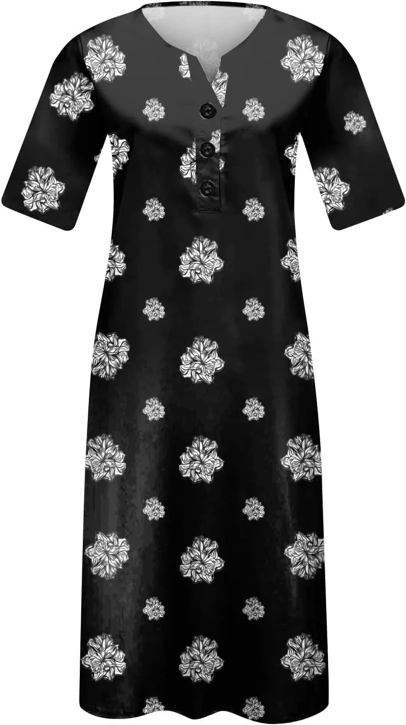 Ceboyel Womens 2023 Boho Floral Maxi Dress Button Flowy Long Dresses Short Sleeve Shirt Dress Vintage Causal Summer Clothes