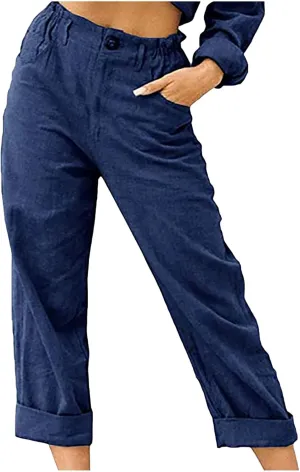 Ceboyel Women's Cotton Linen Capris Pants Straight Wide Leg Pants Summer Baggy Trouser Causal Relax Fit Trendy Outfits 2023