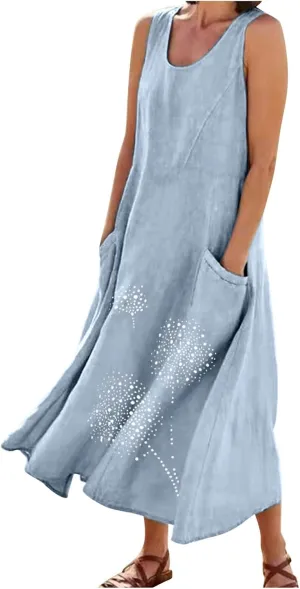 Ceboyel Womens Cotton Linen Maxi Dress Dandelion Print Long Dresses Trendy Vacation Flowy Tank Dress Boho Beach Clothes 2024