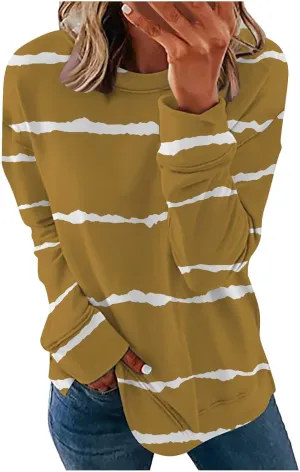 Ceboyel Womens Long Sleeve Shirts Striped Print Sweatshirt Crewneck Pullover Tops Trendy Casual Fall Clothes 2023