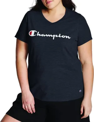 Champion womens Plus Jersey V-neck Tee, Script Logo T Shirt, Black-y07245, X-Large Plus