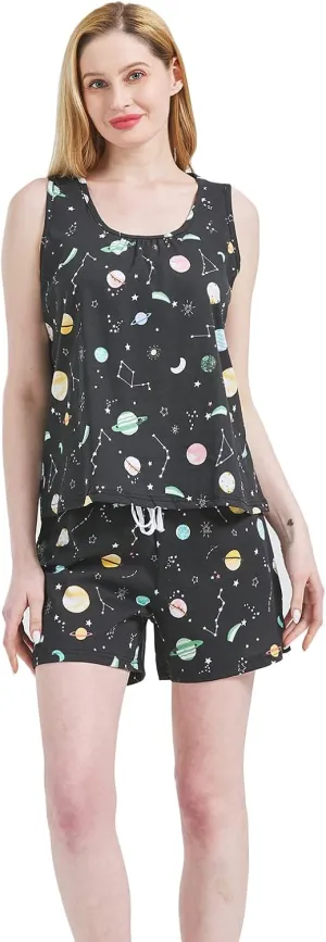 CHUNG Women's Cute Cotton Pajama Set Cartoon Tank Tee Shorts Sleepwear Summer Plus Size Stripe Shoties