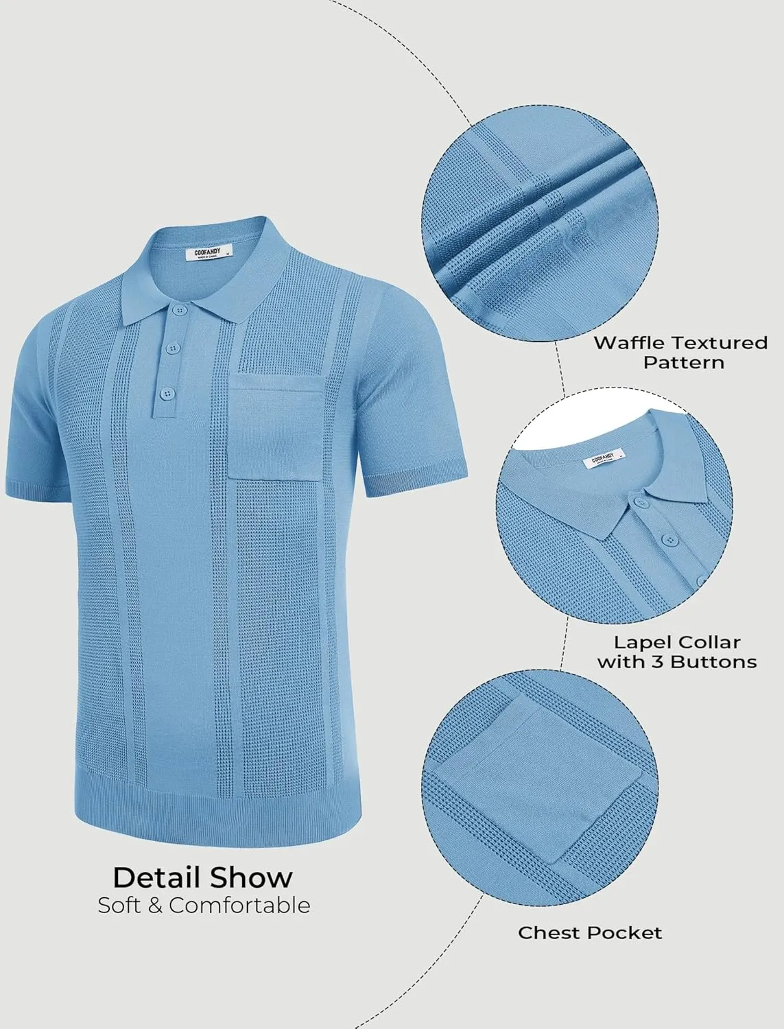 COOFANDY Knit Polo Shirts for Men Short Sleeve Textured Polo Shirt Slim Fit Summer Collared T Shirt with Pocket