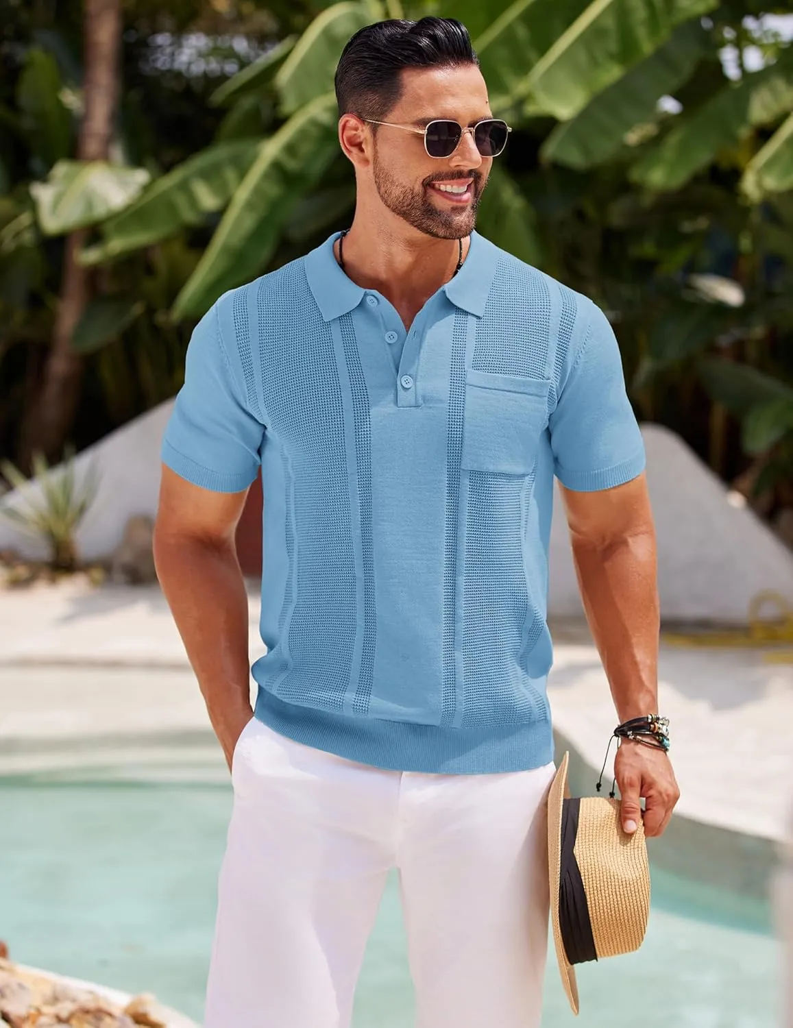 COOFANDY Knit Polo Shirts for Men Short Sleeve Textured Polo Shirt Slim Fit Summer Collared T Shirt with Pocket