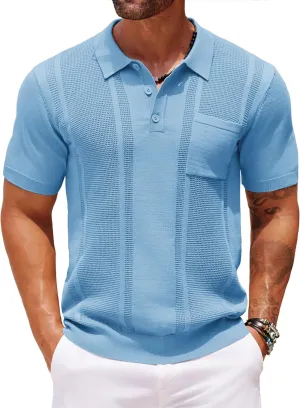 COOFANDY Knit Polo Shirts for Men Short Sleeve Textured Polo Shirt Slim Fit Summer Collared T Shirt with Pocket