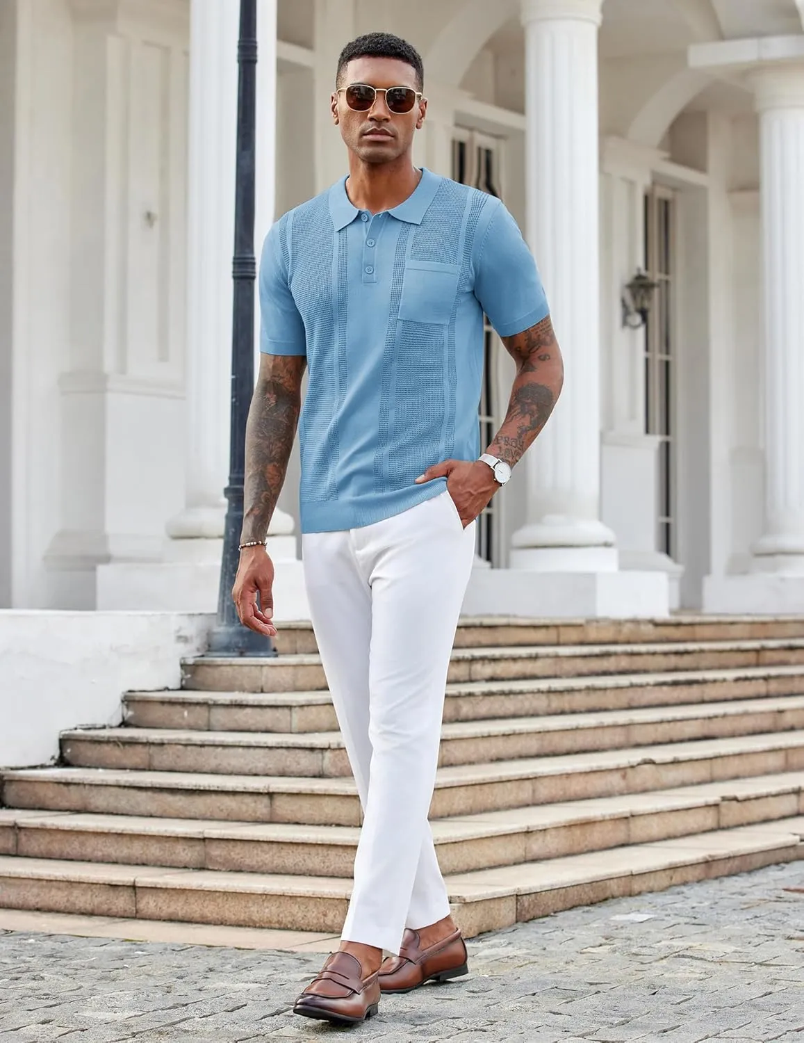 COOFANDY Knit Polo Shirts for Men Short Sleeve Textured Polo Shirt Slim Fit Summer Collared T Shirt with Pocket