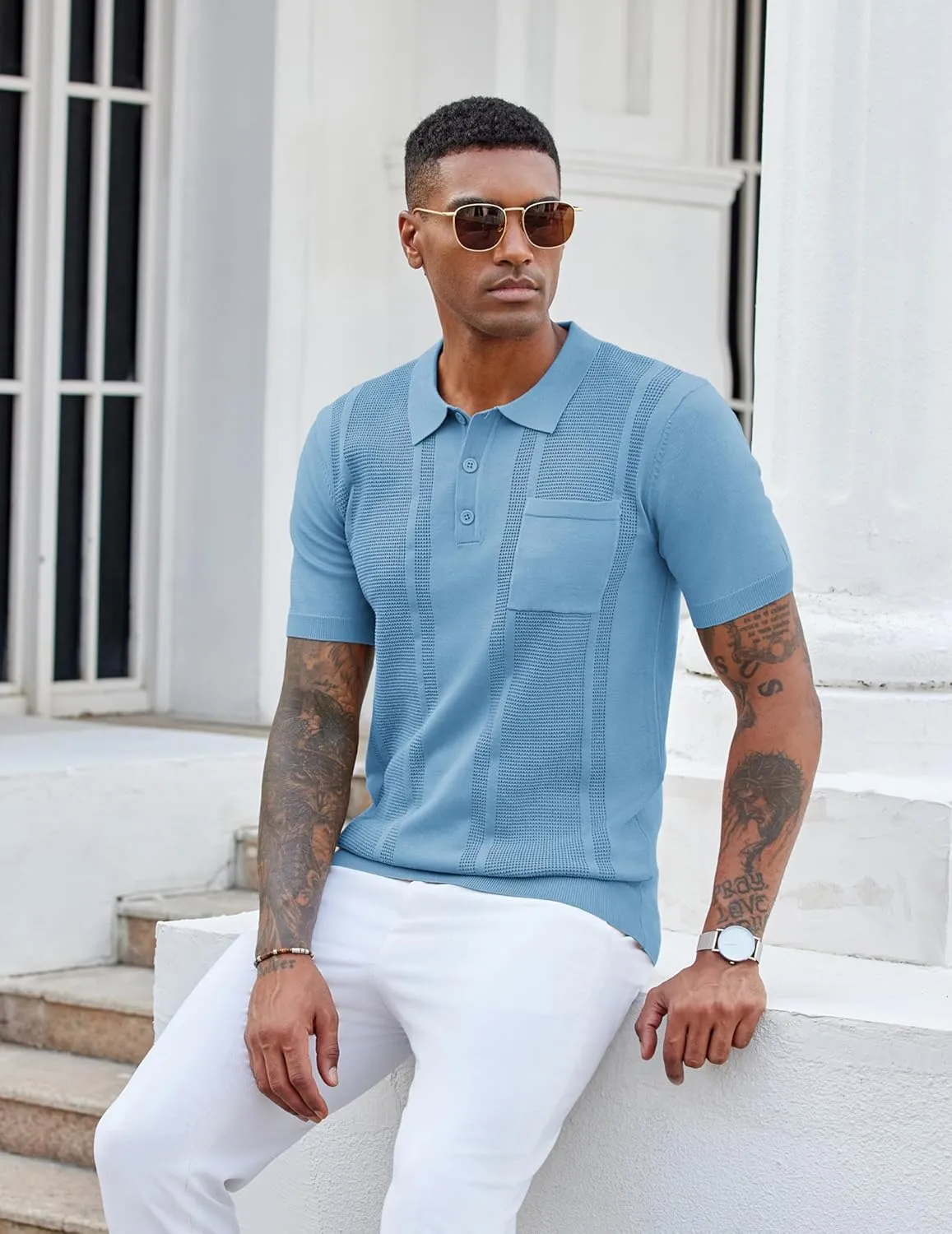 COOFANDY Knit Polo Shirts for Men Short Sleeve Textured Polo Shirt Slim Fit Summer Collared T Shirt with Pocket