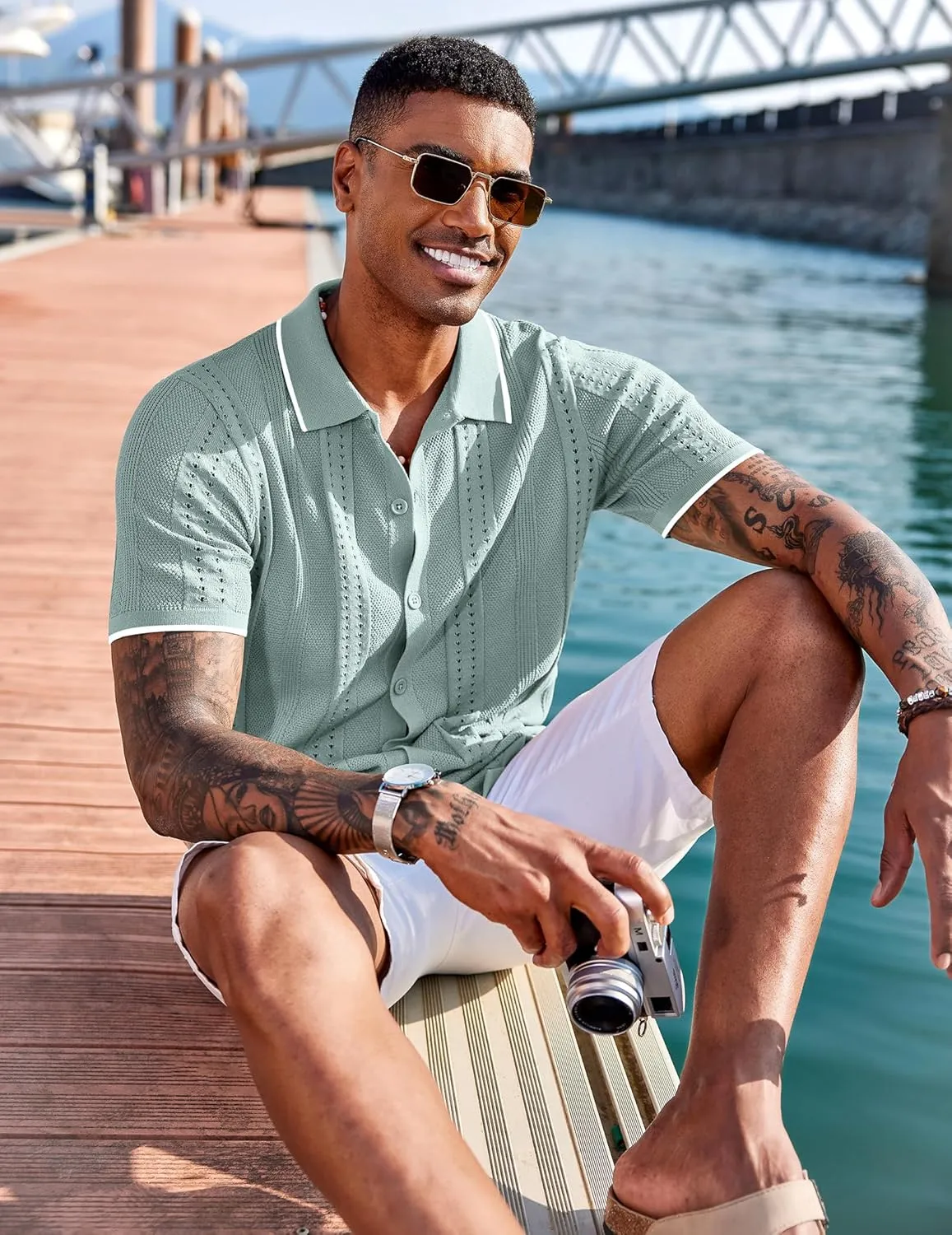 COOFANDY Men's Knit Shirts Short Sleeve Button Down Polo Shirt Fashion Casual Summer Beach Shirts