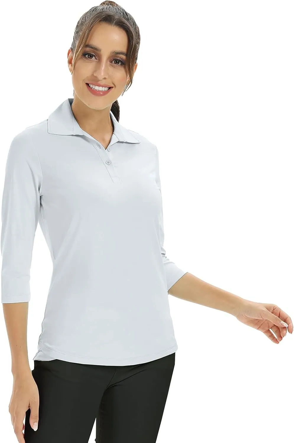 Corna Women's Soft 3/4 Sleeve V Neck Golf Shirt Mositure Wicking Performance Sports Polo Shirt Office Work Tops for Women