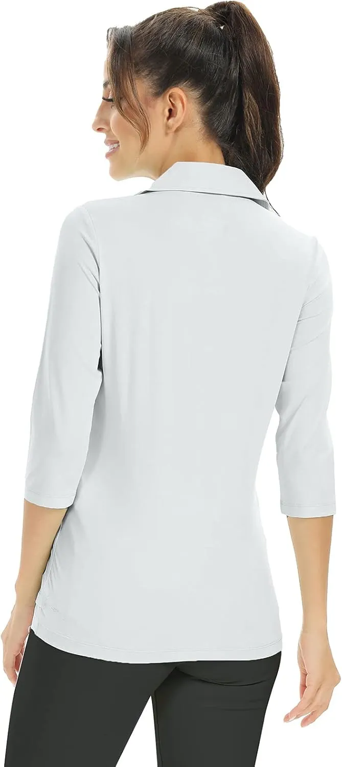 Corna Women's Soft 3/4 Sleeve V Neck Golf Shirt Mositure Wicking Performance Sports Polo Shirt Office Work Tops for Women