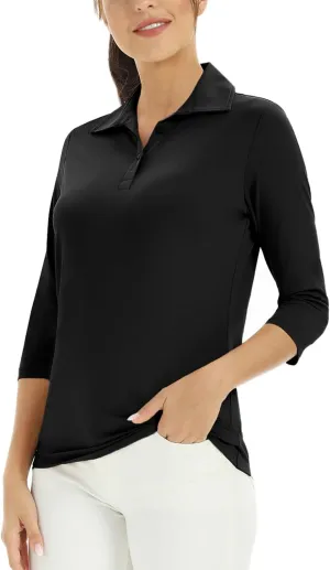 Corna Women's Soft 3/4 Sleeve V Neck Golf Shirt Mositure Wicking Performance Sports Polo Shirt Office Work Tops for Women