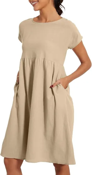 Cotton Dresses for Women 2025 Plus Size Short Sleeve Crewneck Linen Midi Dress with Pockets Summer Casual Sundress