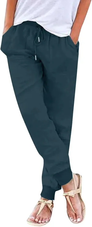 Cotton Joggers for Women Summer Drawstring Elastic Waist Pants Casual Straight Leg Solid Color Comfy Trousers with Pockets