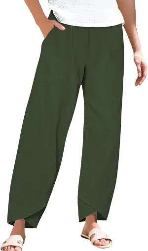 Cotton Linen Pants for Women Summer Plus Size Boho Pants Lightweight Hight Waist Vacation Beach Trousers with Pockets