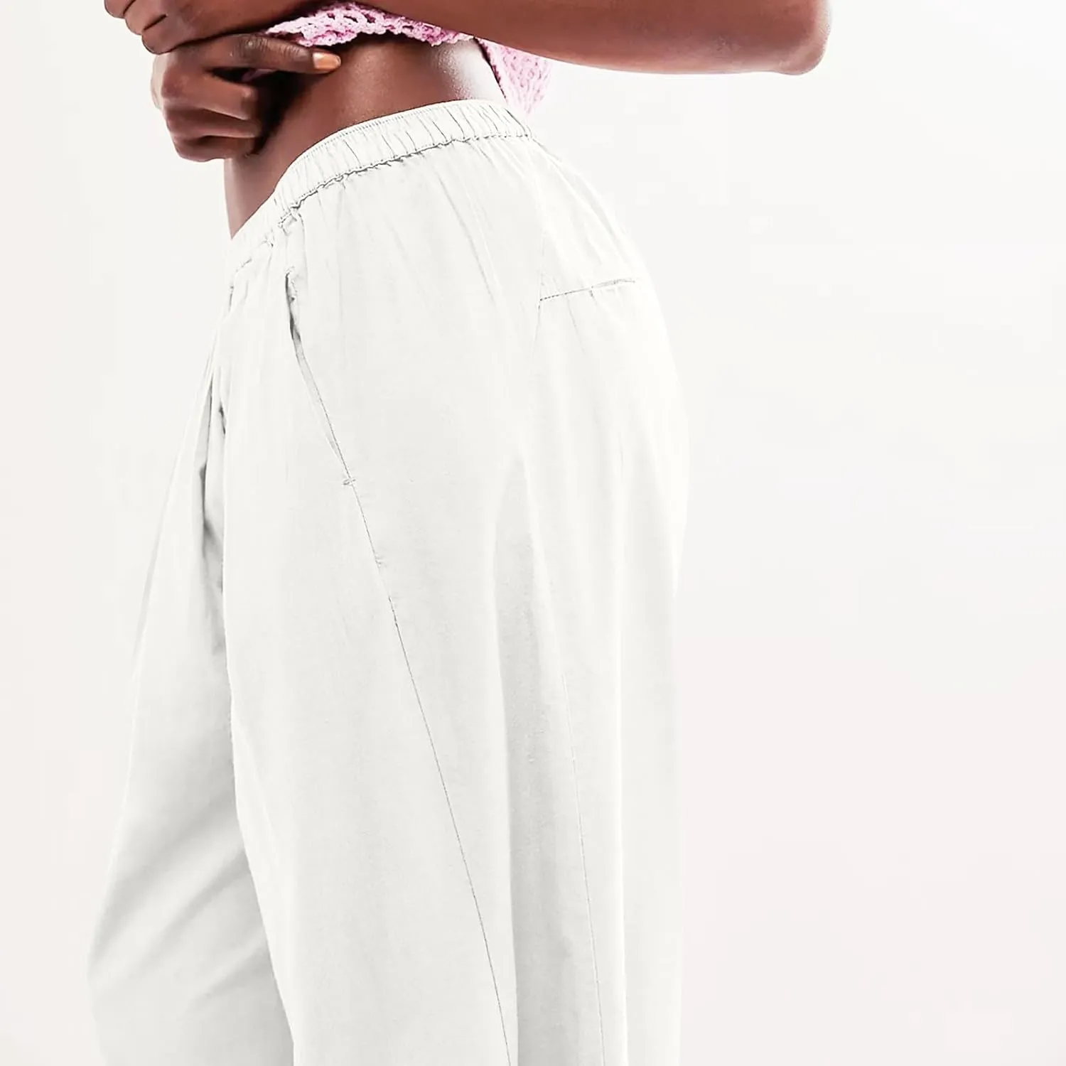 Cotton Linen Pants Women 2024 Casual Trendy Elastic Waist Pleated Long Trousers Fall Solid Color Wide Leg Pants