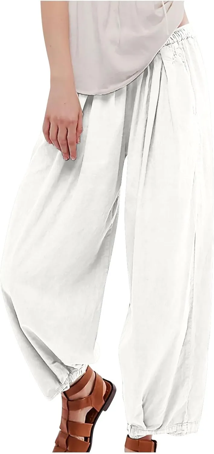 Cotton Linen Pants Women 2024 Casual Trendy Elastic Waist Pleated Long Trousers Fall Solid Color Wide Leg Pants