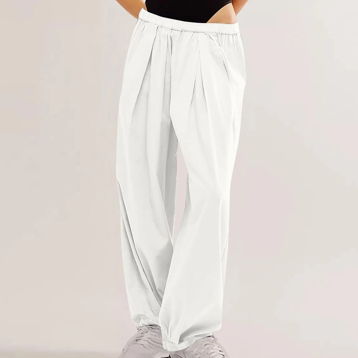 Cotton Linen Pants Women 2024 Casual Trendy Elastic Waist Pleated Long Trousers Fall Solid Color Wide Leg Pants