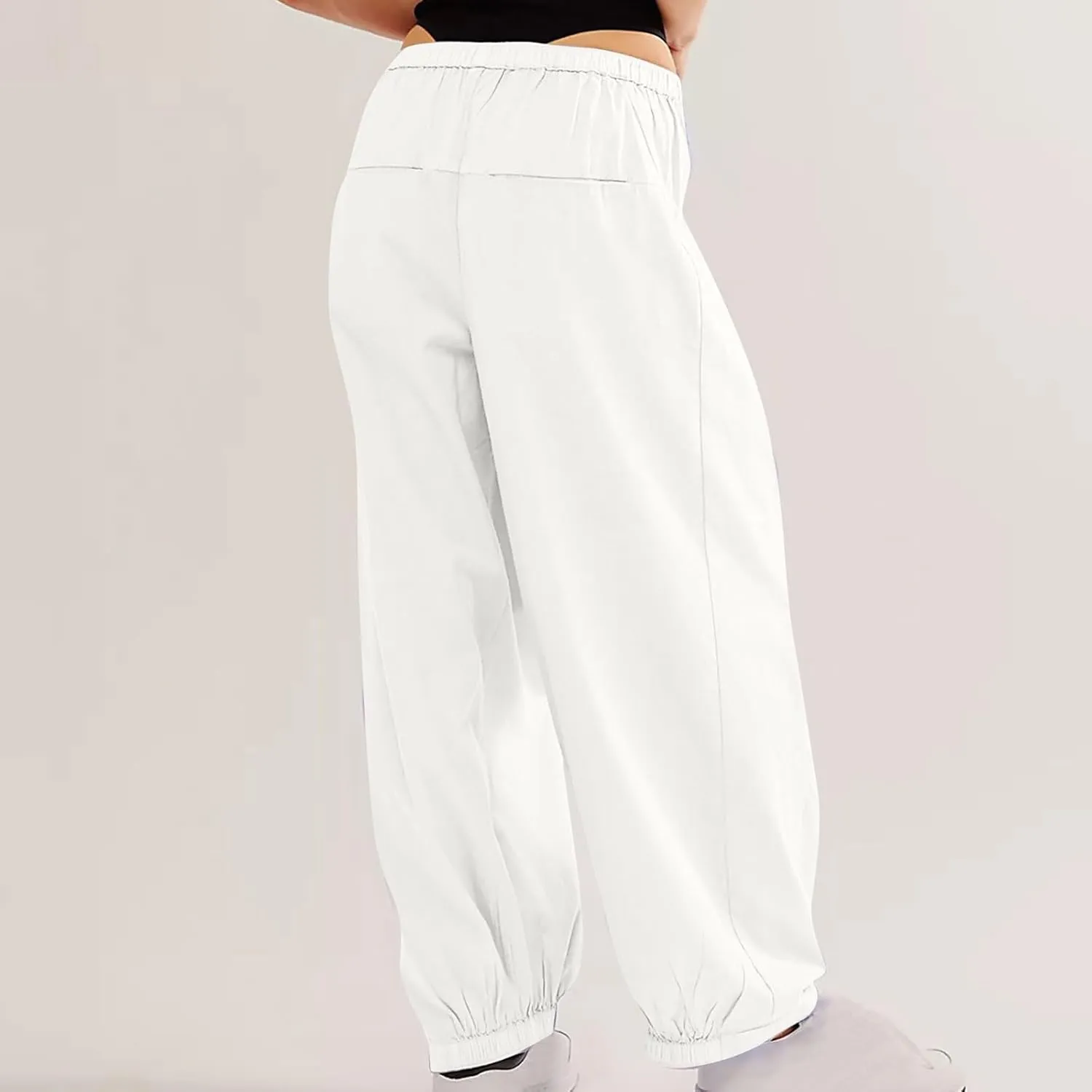 Cotton Linen Pants Women 2024 Casual Trendy Elastic Waist Pleated Long Trousers Fall Solid Color Wide Leg Pants