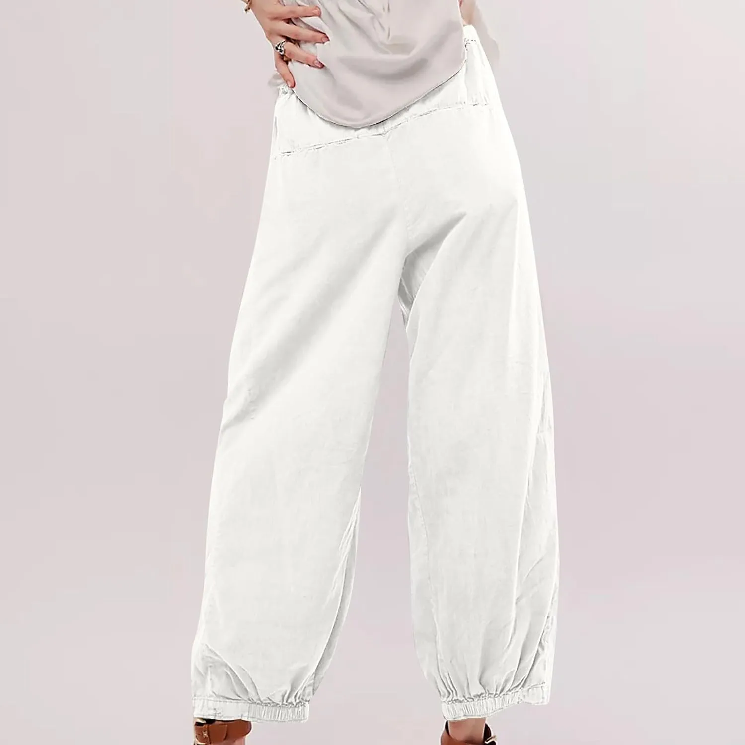 Cotton Linen Pants Women 2024 Casual Trendy Elastic Waist Pleated Long Trousers Fall Solid Color Wide Leg Pants