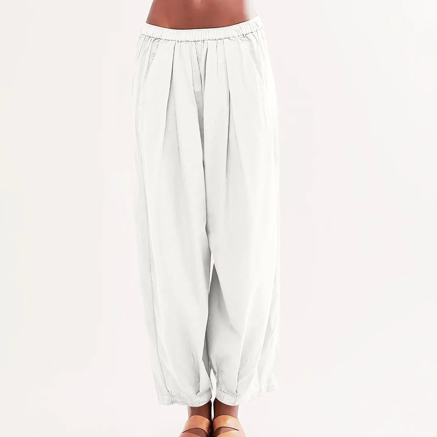 Cotton Linen Pants Women 2024 Casual Trendy Elastic Waist Pleated Long Trousers Fall Solid Color Wide Leg Pants