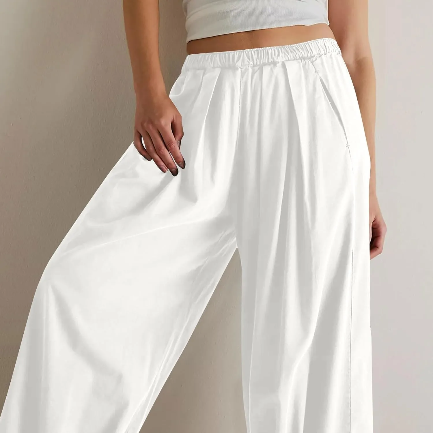 Cotton Linen Pants Women 2024 Casual Trendy Elastic Waist Pleated Long Trousers Fall Solid Color Wide Leg Pants