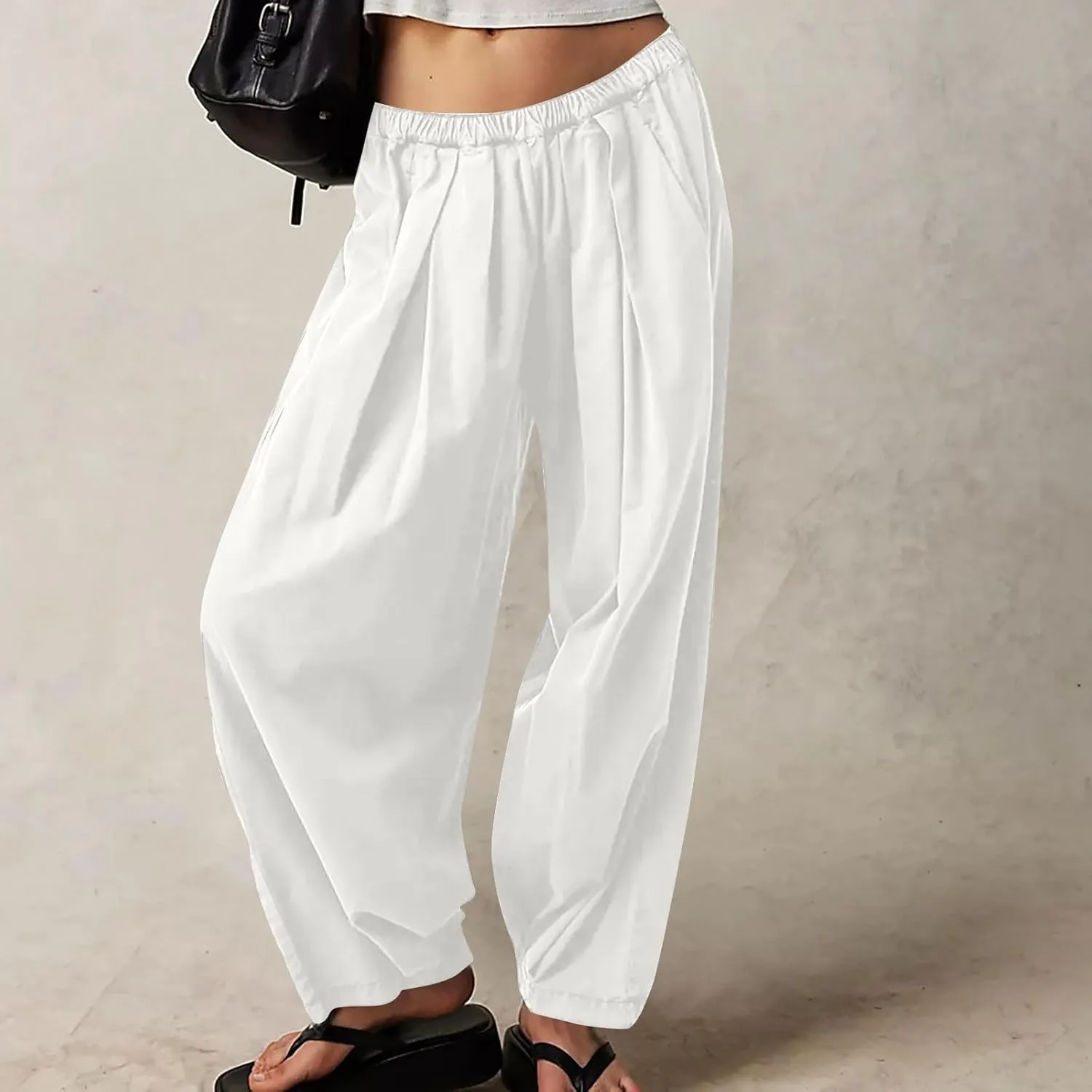 Cotton Linen Pants Women 2024 Casual Trendy Elastic Waist Pleated Long Trousers Fall Solid Color Wide Leg Pants