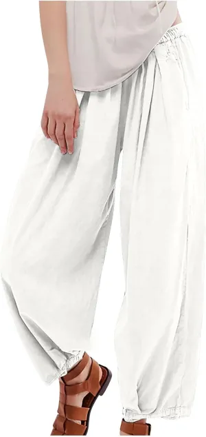Cotton Linen Pants Women 2024 Casual Trendy Elastic Waist Pleated Long Trousers Fall Solid Color Wide Leg Pants